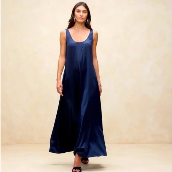 Banana Republic Serenade Dress 100% Silk Maxi Navy Blue Long Tank Flowy Small S - Picture 2 of 14